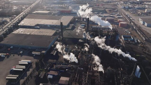 Industrial complex in hamilton with smokestacks, aerial view