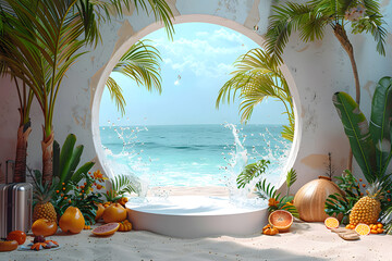 Obraz premium Empty stylish beach podium 3D mockup background for beauty product presentation concept. Summer copy space platform surrounded by palm leaves . Cosmetics, perfume or home goods sales advertising stand
