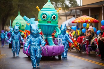 
A UFO-themed parade winds its way through the streets, with colorful floats and costumes celebrating the unknown