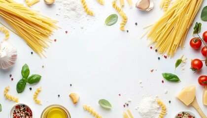 top view of spaghetti carbonara dish and ingredient arrangement in border and white copy space in the centre isolated on white background  - Powered by Adobe