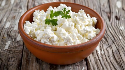 A bowl of creamy cottage cheese sits gracefully on a weathered wooden table, showcasing its wholesome and nutritious qualities