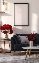 mockup of modern living room with minimalist decor, featuring an empty black frame mockup on the wall above a navy blue sofa and coffee table with red flowers in a vase
