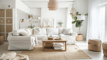 American style colorful living room interior design with nobody. White sofa, white pillows, wood table