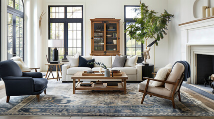 American style colorful living room interior design with nobody. White sofa, white pillows, wood table