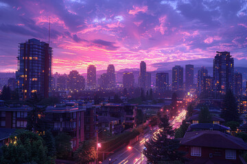 Fototapeta premium Panoramic view of a bustling city skyline at sunset, buildings bathed in dusk colors.. AI generated.