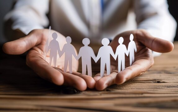 
Paper people surrounded by hands as a sign of protection. Very good concept of insurance, protection