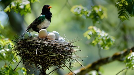 A bird is perched on top of a nest filled with eggs, guarding and incubating them