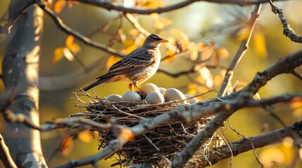 A bird is perched on top of a nest filled with eggs, guarding and incubating them