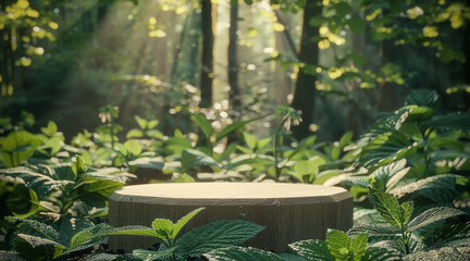 Platform to display product in the middle of a forest with mint plants, nettle. Generative AI.