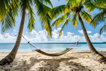 Fototapeta premium A hammock hanging between two palm trees looking out over the ocean