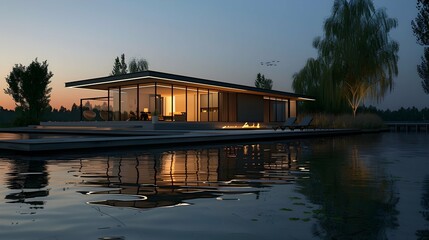 Obraz premium 3d rendering of modern house by the river at evening