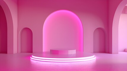 3D mock up podium in a bright pink empty room with arches and neon pink lighting. Abstract minimalistic bright trendy background for product presentation. Modern platform in mid century style