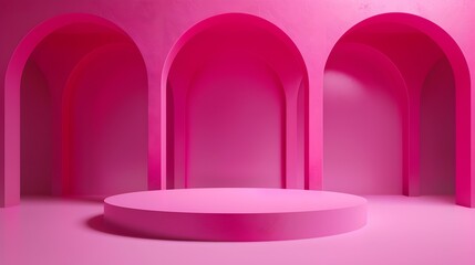 3D mock up podium in a bright pink empty room with arches and neon pink lighting. Abstract minimalistic bright trendy background for product presentation. Modern platform in mid century style