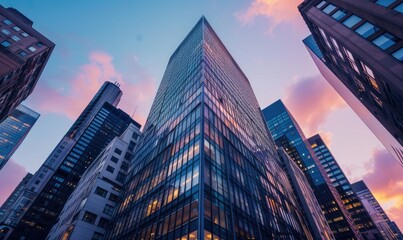 The crisp blue sky reflected in a towering glass skyscraper captured from a low angle perspective. copy space for text.