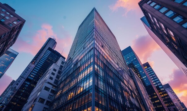 The crisp blue sky reflected in a towering glass skyscraper captured from a low angle perspective. copy space for text.