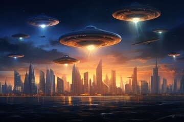 
Illustration of a futuristic cityscape with towering skyscrapers and UFOs zipping through the skyline, symbolizing humanity's fascination with the unknown on World UFO Day