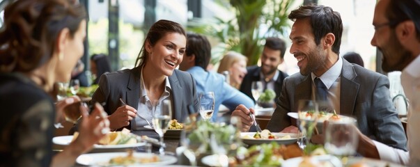 Colleagues having a friendly business lunch in a classy restaurant, enjoying food and conversation.