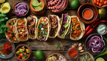 Fototapeta premium Create an image of gourmet Mexican tacos presented on a rustic wooden table, emphasizing the fusion of traditional and contemporary culinary techniques