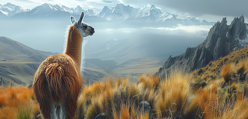 Naklejka premium A llama in its natural environment. Generative AI.