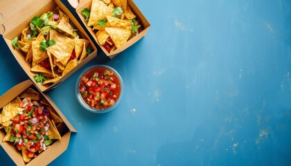 couple of takeaway food boxes, one of them open showing nachos and salsa, top view, blue background