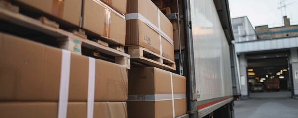 Industrial loading dock at a warehouse facility with an open truck being loaded with numerous cardboard boxes.