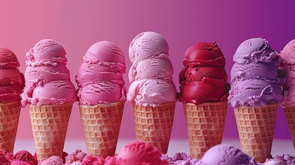   Row of colorful ice cream cones on a pastel backdrop