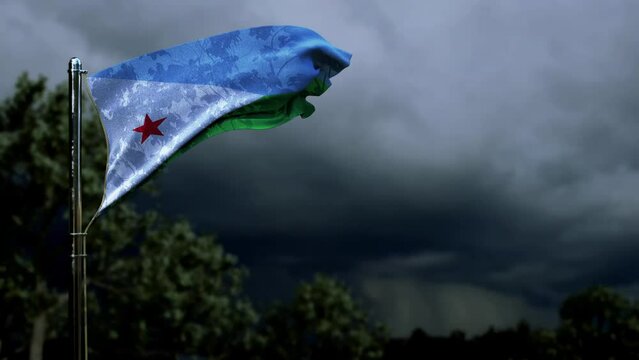 waving Djibouti flag for national celebration on dark storm cumulus