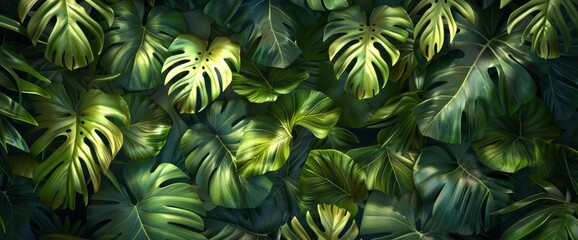 Obraz premium Dark Green Tropical Leaf Group Background Offers A Panoramic View Of Nature'S Lush Beauty, Stirring The Soul With A Sense Of Awe And Reverence, Background HD For Designer 