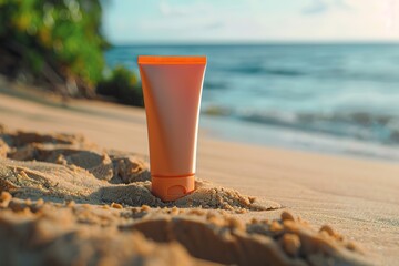 Sunscreen tube on beach sand against ocean backdrop symbolizes s