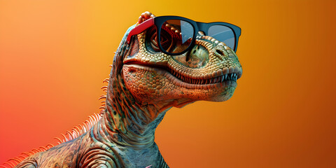 Cool Dino Vibes: Dinosaur Sporting Sunglasses in 3D Orange Background