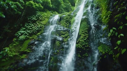 Obraz premium cascading waterfall nestled amidst lush greenery, captured in a close-up shot with a slow shutter speed to blur the falling water into silky strands, revealing intricate details and vibrant 