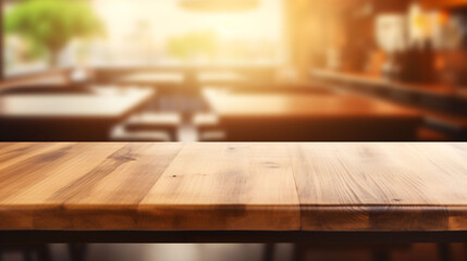 Empty wooden tabletop with blurred background for product display or visual composition layout