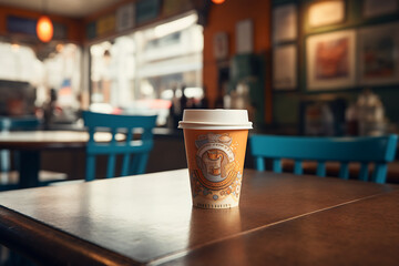 Coffee cup on wooden table in coffee shop, stock photo
