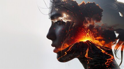 a woman's face with lava and clouds