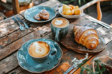 Cozy Outdoor Cafe Breakfast with Coffee and Pastries