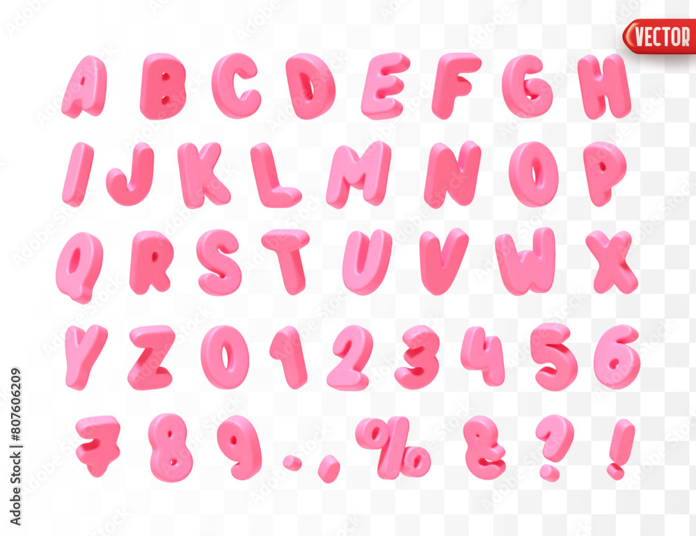 Aufkleber Pink Font realistic 3d design. Complete alphabet and numbers from 0 to 9. Collection of large letters in cartoon style. Fonts are voluminous with different slants. Vector illustration