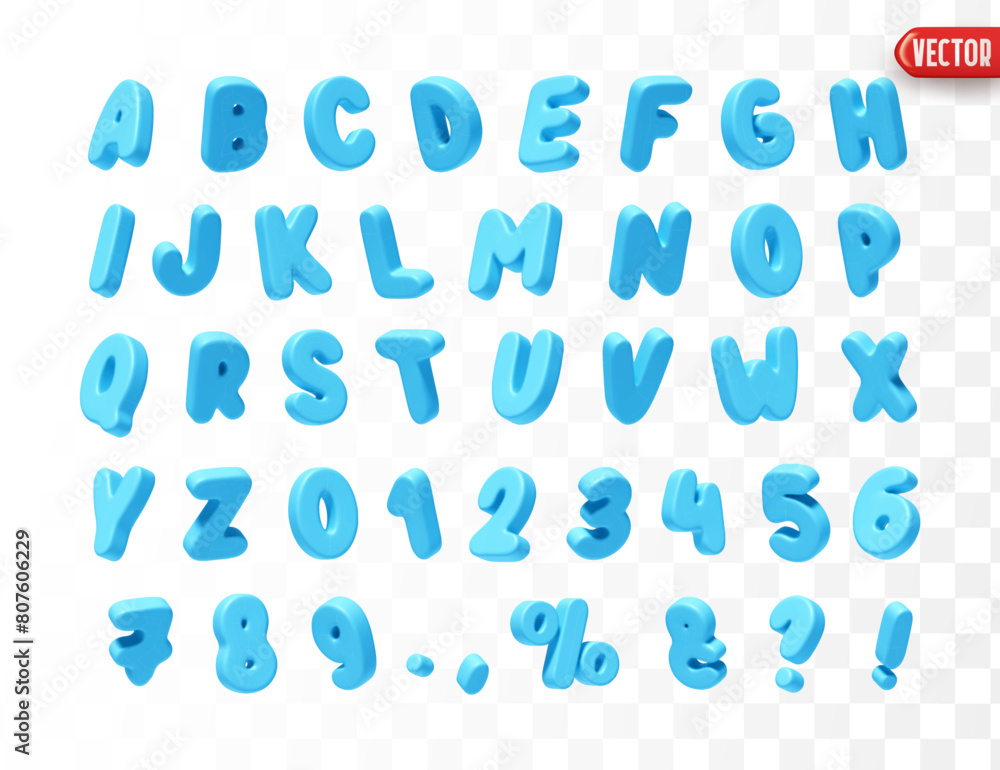 Fototapete blue font realistic 3d design. complete alphabet and numbers from 0 to 9. collection of large letter