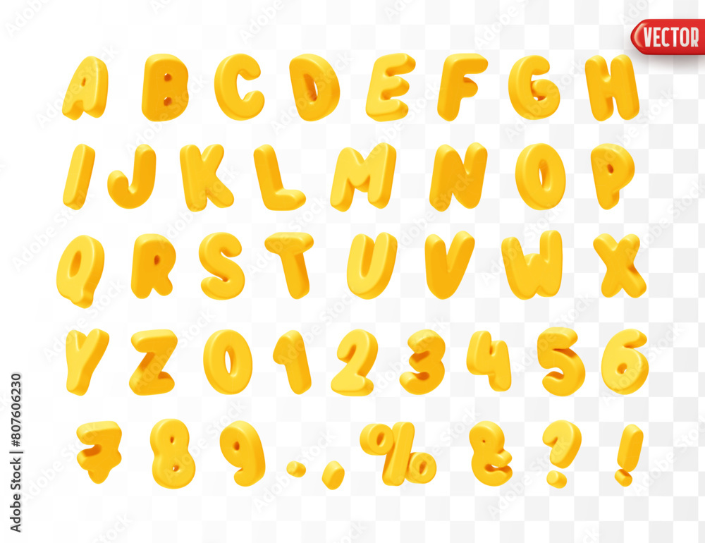 Poster Yellow Font realistic 3d design. Complete alphabet and numbers from 0 to 9. Collection of large letters in cartoon style. Fonts are voluminous with different slants. Vector illustration