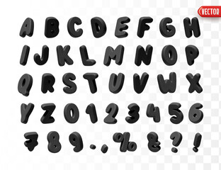 Black Font realistic 3d design. Complete alphabet and numbers from 0 to 9. Collection of large letters in cartoon style. Fonts are voluminous with different slants. Vector illustration