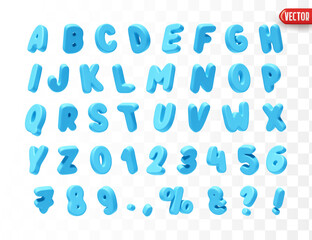 Blue Font realistic 3d design. Complete alphabet and numbers from 0 to 9. Collection of large letters in cartoon style. Fonts are voluminous with different slants. Vector illustration