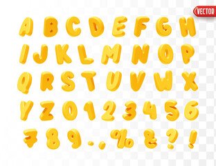 Yellow Font realistic 3d design. Complete alphabet and numbers from 0 to 9. Collection of large letters in cartoon style. Fonts are voluminous with different slants. Vector illustration