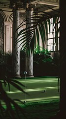 Realistic golf course inside of a mansion made of Synthetic grass, generative ai