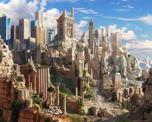 Obraz premium A surreal imagining of ancient ruins set against a modern cityscape, super realistic