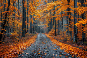 Fototapeta premium Vibrant autumn forest pathway with fallen leaves and rich golden hues. AI generated.