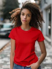 A woman wearing a red t-shirt mock-up, mock up for t-shirt design