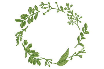 Obraz premium Wreath with leaves and twigs. Wedding invitation, save the date. Vintage illustration. Boxwood, seeded eucalyptus. Engraving style.