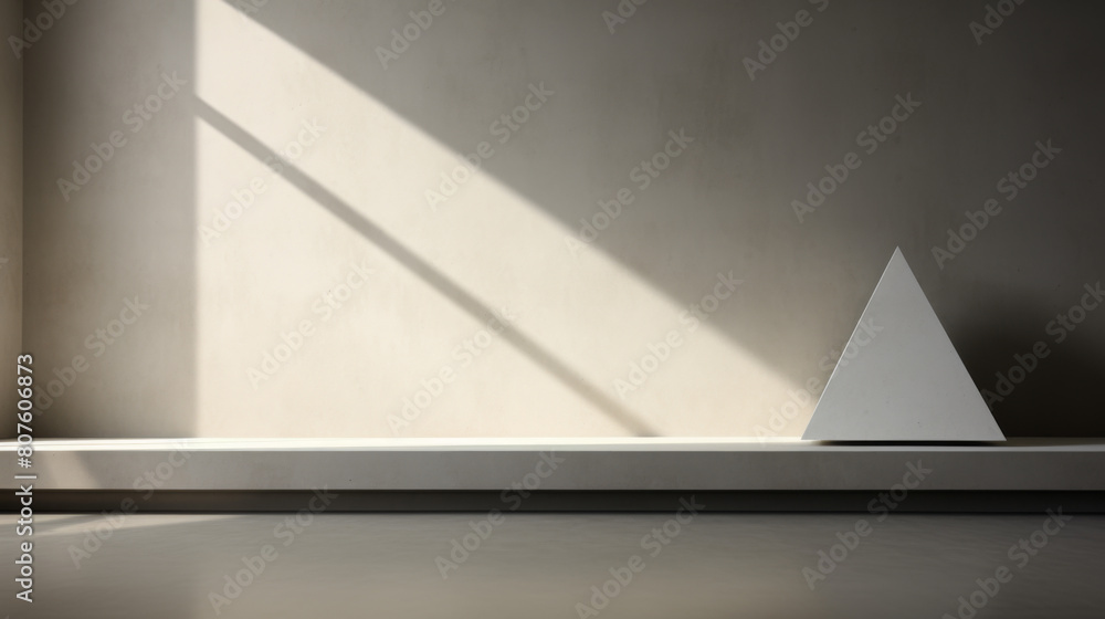 Poster a white triangle sits on a white bench in a room with a large window