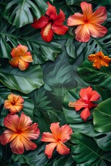 Group of Orange and Red Flowers Surrounded by Green Leaves