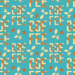 Coffee pattern with stylized letters and coffee beans and twigs, in blue brown and beige colors.