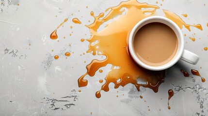 white mug and coffee spilled from it light brown, top view, light gray minimalist background
